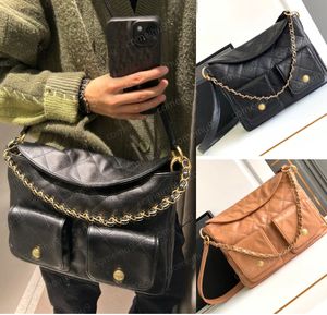 24 Vintage Espelho Mulheres Acolchoadas Hobo Bag Grande Hippy Cowhide Tote Messenger Bag Strap Chain Crossbody Purse Couro Genuíno Designer Bolsas Preto Caramelo Ouro HW