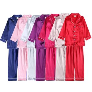 2PCSレッドサテンパジャマの子供セットボーイズガールズソリッドシルクチルドレンパジャマ服幼児ラウンジPJS 2-12Tクリスマス服240314