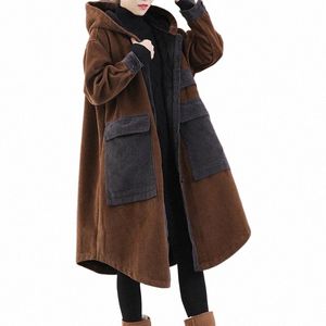 fi Corduroy Jacket Big Pocket Plus Cott Thick Hooded Padded Coat Women's Autumn Winter Loose Casual Lg Cloak Parka 53qt#