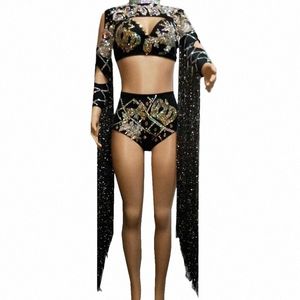 leuchtend schwarzer Quaste Rassestes Bodysuit Sexy Luxus Lotard Performance Outfit Frauen Party Jumpsuit Sänger Tanzbühne Kleidung W88o#