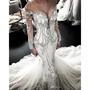UPS Sheer Mesh Top Mermaid Dresses Tulle Lace Applique Beaded Crystals Long Sleeves Wedding Bridal Gowns