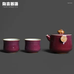 Set da tè Yuzhou Jun Kiln Red Jade Una pentola e due tazze Set da tè compagno Smalto originale della miniera Birra familiare personalizzata