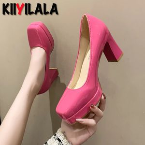 8 cm Round Chunky High Heel Platform Baby Pink Orange Pumps Women Shoes Square Toe Fashion Patent Leather Plus Size 45 240307