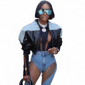 fi Donna Nero Lucido PU Pelle Denim Piumino Vita alta Cappotti Bubble Hiphop Lady Zipper Crop Puff Parka Giù Inverno g3vE #