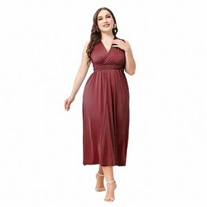 plus Size Sexy V-neck High Waisted Lg Dres with Irregular Cross Tie Up, Luxurious and Elegant Backl Party Knit Dr 4XL h0xf#