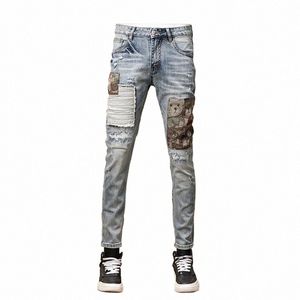 High Street Fi Men Jeans Retro jasnoniebieski rozciągnięcie chude dopasowanie dżinsy mężczyzn Patched Designer Hip Hop Denim Pants Hombre v3qp#