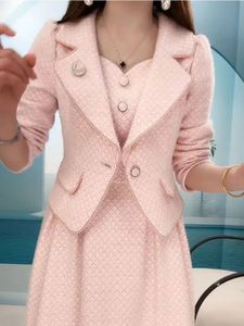 INOZKDG OBCIĄŻUJ JUBIE zima biuro damskie oficjalna kurtka i garnitur spódnicy eleganckie kobiety różowe morel dwuczęściowy zestaw Blazer 240329