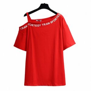 150kg Plus Size Women's Summer One-Shoulder Printed Letter T-Shirt Bust 156cm 6XL 7XL 8XL 9XL 10XL Loose Cott Top Black Red w4Ex#