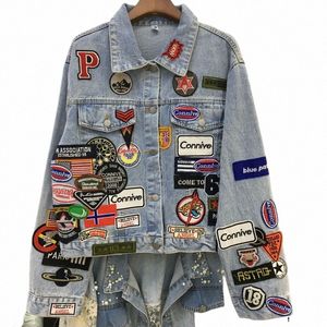 Homens Carto Anime Bordados Patches Denim Jaqueta Mulheres Streetwear Fi Tendência Solta Jean Jaquetas Casaco Outerwear B4KV #