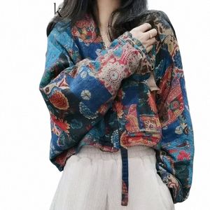 Gagaok Original Ethnic Floral Colored Parkas 2023 Autumn Winter New V Neck Loose Fiting Retro Art Jackets Kortjacka Kvinnor 835L#