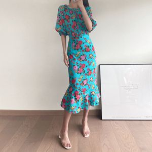 Vestido feminino azul ombro a ombro meia manga com estampa floral vestido sereia