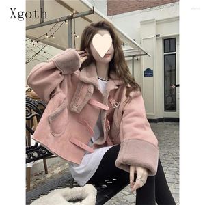 Women's Fur Xgoth Short Coats Thickened Lapel Solid Cotton Jacket Loose Chic Long-sleeved Simple High Street Pockets Coat Female Top