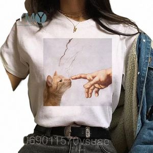 Katze Van Gogh T-Shirt Damen Kunst Top T-Shirt Frauen Plus Size Kleidung Schöne lustige Grafik Mädchen Damen Weiblich Weiß O-Ausschnitt T-Shirt A3lV #