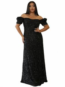 Missord Black Sequin Plus Size Evening Dr Elegant Women Off Shoulder Short Sleeve A-Line Wedding Party Prom Dres LG GOWN L87B#