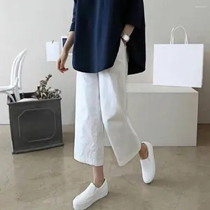 Женские брюки с эластичной резинкой на талии, прямые широкие брюки, льняная женская однотонная повседневная одежда с карманами