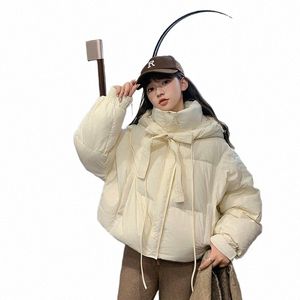 Down Jacket Short Parkas Korean Style Hooded Solid Color LG Sleeve Zipper Bow LACE-UP THYRDE CONTORY COT KVINNA KVINNA K4IE#