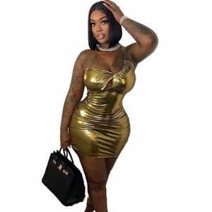Gold Sier Metallic One ramię Bodyc Dr for Women 2023 Ruched Sexy Bandage Mini Dr Night Club Short Party Dres A51K#
