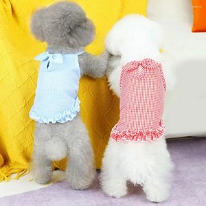 Vestuário para cães vestido de verão respirável adorável decorativo elegante xadrez impressão pet filhote de cachorro bowknot colete