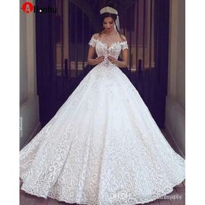 NEW New Vintage Lace Wedding Dresses Gown Sexy Off The Shoulder Short Sleeves Applique Sweep Train A Line Bridal Gowns Custom Made DWJ