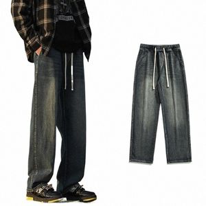 Frühling Neue Mann Elastische Taille Baggy Jeans Koreanische Fi Denim Breite Bein Hosen Hip Hop Einfarbig Gerade-bein streetwear Y2k z2om #