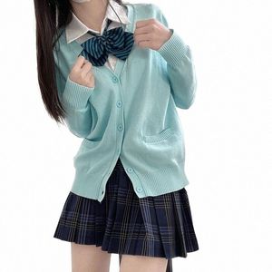 Japansk college -stil Cott Sticked tröja Cardigan Aqua Blue Women LG Sleeved JK Uniform Sweater Jacket Top V Neck Casual P2I8#