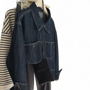 Vintage dżinsowe kurtka dla kobiet uprawy 2023 Ropa Mujer Streetwear Fi luźne kieszenie na temat kieszonkową Korean Y2K płaszcz 27p746 51et#
