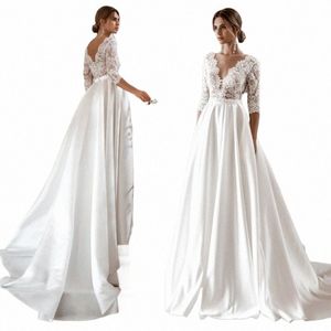 Elegante lg manga rendas casamento dres com decote em v cetim a linha 2020 vestido de novia vestido de noiva outono novo vintage simples b994 #