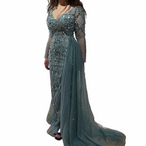 elegant Serene Hill Turquoise High Split Meramid Lg Sleeves Evening Dr with Beaded For Women Wedding Party LA71793A C84K#