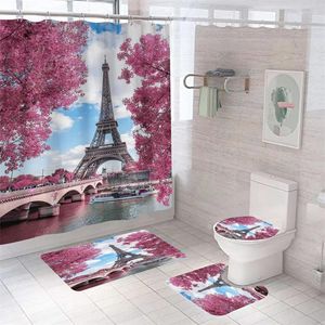 Duschgardiner Tower Bath Curtain Landscape Mat Set Polyester Toalettmattor Anti-halkmatta Vattentät scenik med krokar