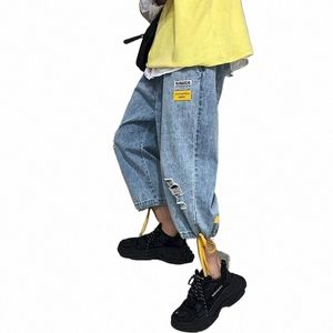 Foufurieux Streetwear Прямые брюки Мужские рваные джинсы с высокой талией Свободные широкие брюки Мужские джинсы Лето Oversize High Street Jean 81eM #