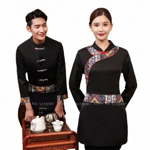 men Women Hotel Waiter Cleaner Work Uniforms Chinese Restaurant Housekeeper Embroidery Costumes Hanfu Coats Tang Suit Outfits Y72z#