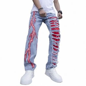 Män knäckt stretchbara blixtnedslag på Fible Streetwear -hål rippade lapptäcke denim byxor smala magra byxor för män p8jh#