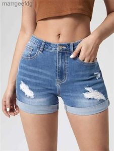 Women's Shorts 2023 New Women Summer Ripped Roll Denim Fashion High Stretch Skinny Sexy Jeans Black/Blue S-2XL 240329