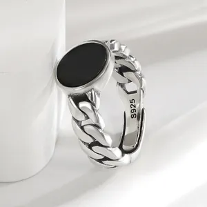 Cluster-Ringe HOYON S925 Sterling Silber Mode Hip Hop Herren Ring eingelegt mit schwarzem Achat Damen Unisex Paar Schmuck Zubehör