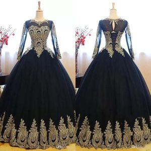 Abiti eleganti Quinceanera in pizzo nero oro con maniche lunghe trasparenti Applique in rilievo Dolce anno Lunghezza pavimento Abito da sera festa di ballo Bc