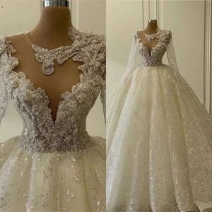 Glitter Dubai Arabia Ball Gown Wedding Dresses Long Sleeves Beads Lace Appliqued Plus Size Custom Made Bridal Gowns Crystal Robe De Mariee C