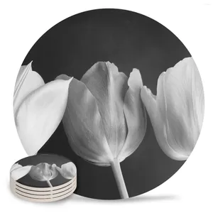 Tovagliette da tavolo Fiore di tulipano Set in ceramica in bianco e nero Tovaglietta da cucina rotonda Decorazioni di lusso Sottobicchieri per tazze da tè e caffè