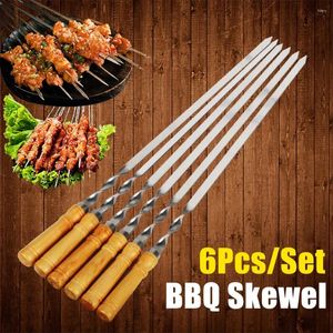 Tools Wood BBQ Fork Stainless Steel Outdoors Grill Needle 55cm 21.65" Barbecue Stick Long Handle Shish Kebab Skewers