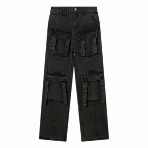 男性の黒いバギージーンズはマルチポケットを配布しましたカーゴパンツアメリカンレトロストリートウェアカジュアルデニムズボンユニセックスP3GY＃