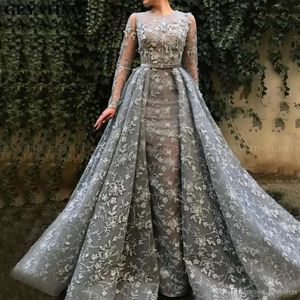 Arabic Grey Lace Long Sleeves Overskirt Prom Dresses With Detachable Skirt D Floral Appliques Dubai Pink Formal Evening Gowns