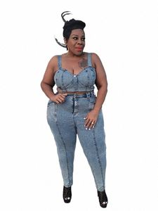 two Piece Set Women Top and Pants Elegant Summer Denim Tank 5xl Jeans Outfit Sexy Plus Size Suits Wholesale Dropship 89JP#