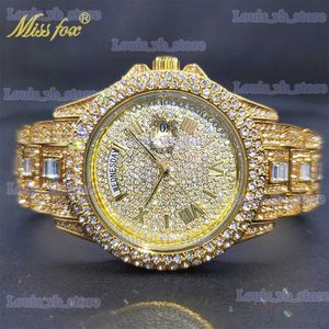 Andere Uhren MISSFOX 18K Gold Herren Luxus Designer Diamant Datum Tag Just Ice Out Quarz es Dropshipping T240329