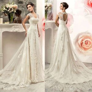 New A Line Beach Dresses Beaded Bridal Gowns Cap Sleeves Lace Up Corset Sweep Train Wedding Dress