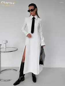 Повседневные платья Clacive, модное тонкое белое офисное платье с лацканами и длинным рукавом до щиколотки, элегантное классическое платье с разрезом для женщин 2024