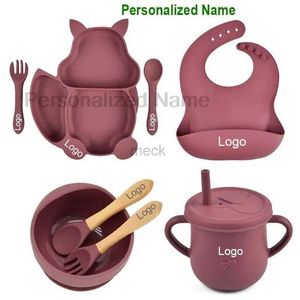 Cups Dishes Utensils Baby Silicone Sucker Bowl Plate Cup Bibs Spoon Fork Sets Children Tableware Baby Feeding Dishes Sets Personalized Name BPA Free 240329