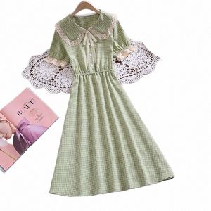 giapponese Mori Girl Summer Women Plaid Dr Colletto in pizzo Verde Elastico in vita Abito femminile Vintage Elegante Cott Dr g6dh #