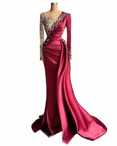 Glamouröse Abendkleider Satin Ballkleider Stickerei Volle Ärmel Roben Für Formale Party V-ausschnitt Mantel Meerjungfrau Vestidos De Gala c9MT #