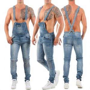 light Blue Denim Overalls For Man Motor Biker Pleated Jeans Jumpsuits Outdoor Men's Work Pants W8Te#