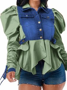 cm.yaya Mulheres Vintage Cordão Ruched Up Puff Lg Manga Único Breasted Turn-down Collar Denim Camisa Blusa Casaco 07ki #