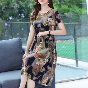 Party Dresses Women's Clothing Vintage Floral Printed Short Sleeve Commute A-Line 2024 Summer Round Neck Stylish Drawstring Midi Dress